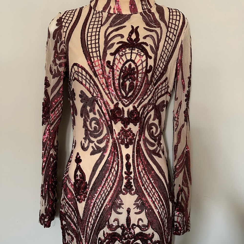 Elegant Sequin Embellished Dress - Burgundy and Cream